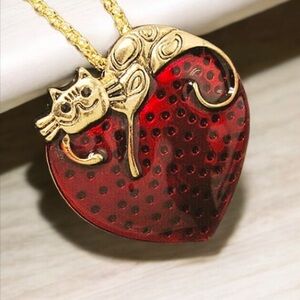 Red Enamel Cat Heart Strawberry Necklace Gold Brass 18-22" Chain Vintage NEW